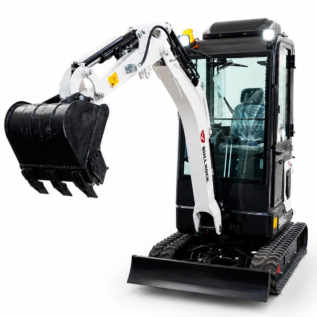 Miniexcavadora 1.8 ton con balde de carga y hoja al frente
